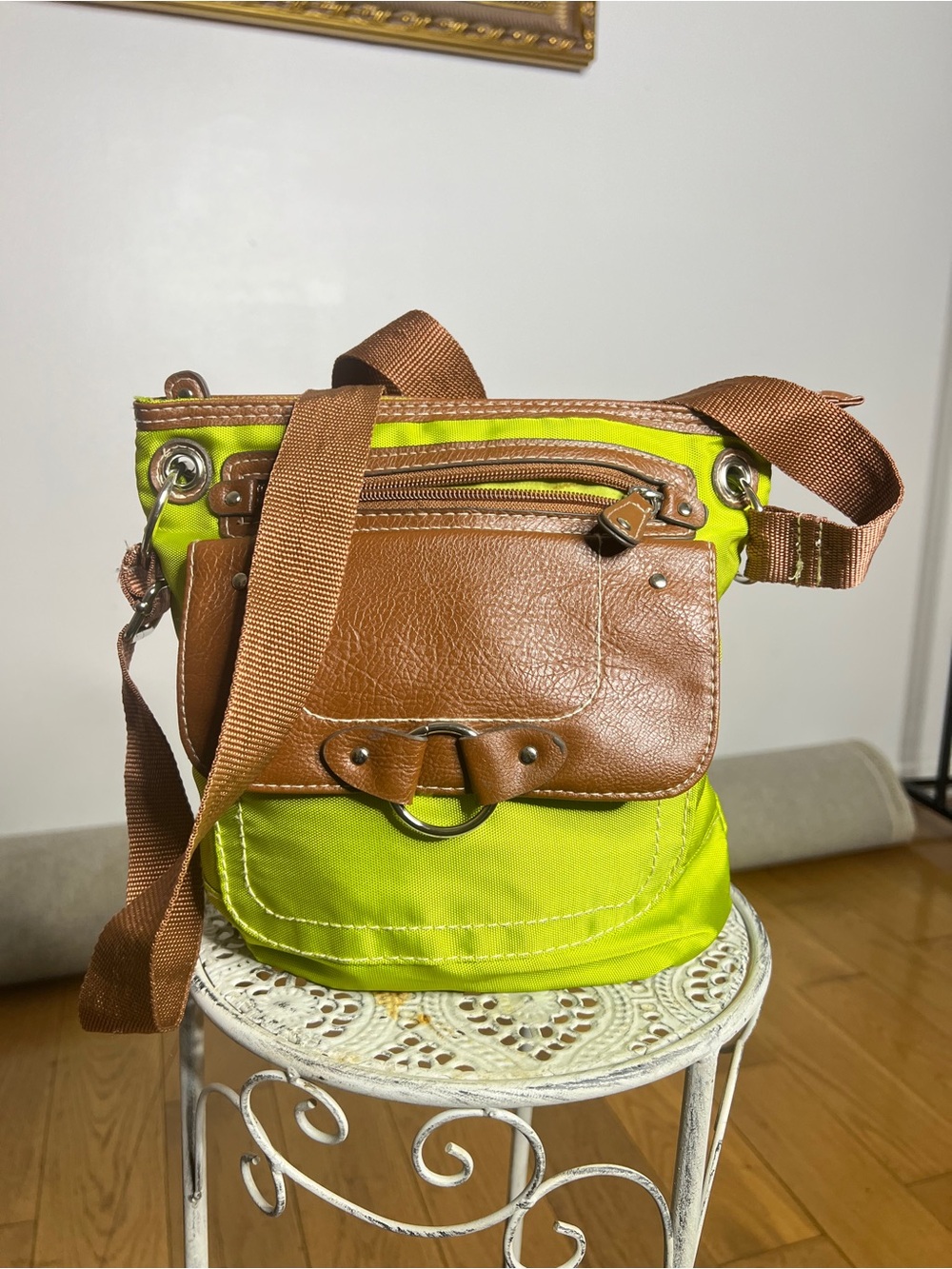 Brown & Lime Crossbody Bag with Front Flap - Casual Everyday